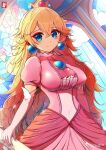  1girl artist_request blonde_hair blue_brooch blue_eyes brooch crown dress earrings eyebrows_hidden_by_hair gloves jewelry long_hair mario_(series) non-web_source pink_dress princess_peach smile solo source_request upper_body white_gloves 