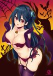  1girl artist_logo bare_tree bat_(animal) bikini black_choker black_hair blue_ribbon breasts breasts_squeezed_together choker cleavage commentary cowboy_shot frown garter_straps gloves graveyard hair_ribbon jack-o&#039;-lantern_ornament large_breasts leaning_forward long_hair looking_at_viewer navel nyanmaru_(ememing) open_mouth original purple_bikini purple_gloves purple_thighhighs red_eyes ribbon silk solo spider_web standing strapless strapless_bikini sweatdrop swimsuit symbol-only_commentary thighhighs tree twitter_username two_side_up very_long_hair 