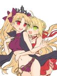  2girls ahoge alternate_costume arms_around_waist black_tiara blonde_hair blush chain earrings ereshkigal_(fate) fate/grand_order fate_(series) gold_chain green_eyes hair_ribbon highres hoop_earrings jewelry multiple_girls nero_claudius_(fate) open_mouth red_eyes red_ribbon ribbon simple_background swimsuit white_background zhang5180 