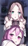  2girls :q absurdres animal_between_breasts blue_eyes breast_press breasts brown_hair cat chestnut_mouth earrings hand_on_another&#039;s_head highres indoors jewelry large_breasts long_hair looking_at_viewer multiple_girls original pink_eyes pink_hair plant tongue tongue_out yaguo 