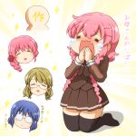  4girls :&lt; :d =_= black_thighhighs blazer blue_hair blush bow braid brown_hair brown_jacket brown_skirt character_request closed_eyes closed_mouth comic_girls commentary_request crying fang flower glasses hair_flower hair_ornament hairclip jacket kneeling long_hair long_sleeves low_twintails moeta_kaoruko multiple_girls no_shoes opaque_glasses open_mouth palms pink_hair pleated_skirt red_bow red_flower red_rose rose sailor_collar shirosato skirt smile sparkle tears thighhighs translation_request twin_braids twintails v-shaped_eyebrows very_long_hair wavy_mouth white_sailor_collar x_hair_ornament 