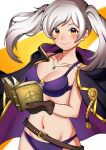  1girl absurdres bikini black_cloak bonoshii book breasts brown_gloves cleavage cloak fire_emblem fire_emblem_awakening fire_emblem_heroes gloves highres holding holding_book jewelry looking_at_viewer necklace o-ring o-ring_bikini official_alternate_costume purple_bikini robin_(female)_(fire_emblem) robin_(female)_(summer)_(fire_emblem) robin_(fire_emblem) smile swimsuit twintails white_hair 