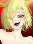  1girl blonde_hair collarbone commentary_request dragon_horns gesugao gradient_background hair_over_one_eye horns kicchou_yachie kwisshy looking_at_viewer open_mouth pointy_ears red_background red_eyes short_hair solo teeth touhou upper_body 
