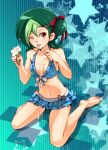  1girl bad_feet bikini blue_bikini breasts brown_eyes food food_on_face frilled_bikini frilled_skirt frills green_hair hair_bun hair_ribbon ice_cream ice_cream_cone ice_cream_on_face melting microskirt mizuki_kotori_(yu-gi-oh!) mugicha_(sukimachaya) multicolored_hair navel one_eye_closed ribbon single_side_bun sitting skirt small_breasts solo starry_background swimsuit two-tone_hair wariza yu-gi-oh! yu-gi-oh!_zexal 