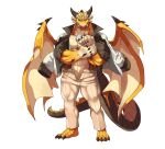  1boy abs absurdres bara black_shirt broken_tusk colored_skin dragon_boy dragon_horns dragon_tail dragon_wings egg_necklace full_body furry furry_male highres horns jacket jacket_on_shoulders jewelry male_focus multiple_horns muscular muscular_male necklace open_fly open_mouth ophion_(housamo) red_eyes scales sharp_toenails shirt simple_background solo standing suspenders tail toenails tokyo_afterschool_summoners tusks white_background wings yed_(yedsilent) yellow_skin 