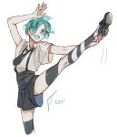  1other absurdres ahoge androgynous aqua_hair aqua_nails arm_up bare_arms black_necktie black_shorts collared_shirt cowboy_shot eyes_visible_through_hair gem_uniform_(houseki_no_kuni) hair_over_one_eye highres houseki_no_kuni iciriini leg_lift motion_lines necktie open_mouth other_focus outstretched_arm phosphophyllite shirt short_hair short_sleeves shorts simple_background smile solo striped_skin suspender_shorts suspenders translucent_hair white_background white_shirt 