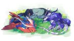  animal_focus border closed_mouth commentary cyclizar flower fuku_(huku_m) grass koraidon lying miraidon no_humans pokemon pokemon_(creature) sleeping white_border yellow_flower 