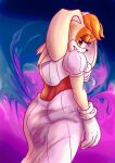  anthro big_ears blue_background brown_eyes clothed clothing dress female floppy_ears fur gloves hair handwear head_tuft lagomorph leporid looking_at_viewer looking_back looking_back_at_viewer lop_ears mammal mature_anthro mature_female nes_panda orange_body orange_fur orange_hair pink_clothing pink_dress purple_background rabbit rear_view sega simple_background solo sonic_the_hedgehog_(series) tan_body tan_fur thick_thighs tuft vanilla_the_rabbit white_body white_clothing white_fur white_gloves white_handwear wide_hips 