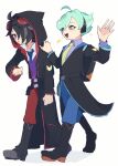  +_+ 2boys :d ahoge arm_up backpack bag belt belt_pouch black_coat black_hair blue_hair blue_necktie boots coat collared_shirt colored_shoe_soles full_body goggles goggles_on_head green_eyes grey_hair hachi_(puyopuyo) hair_over_one_eye hand_on_another&#039;s_shoulder headphones highres hood hood_up hooded_coat long_sleeves male_focus multicolored_hair multiple_boys necktie open_mouth pouch purple_shirt puyopuyo puyopuyo_quest red_eyes shirt simple_background smile sparkle sweater_vest two-tone_hair urolo walking white_background yellow_necktie zero_(puyopuyo) 