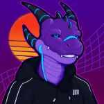  anthro black_clothing blue_body blue_eyes bust_portrait cel_shading clothing detailed detailed_background dragon glowing glowing_eyes gradient_background griffonki hi_res hoodie horn icon line_art male male/male markings narrowed_eyes outline pockyco portrait purple_body scales scalie shaded simple_background solo sticker synthetic teeth topwear 