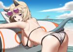  1girl :d animal_ear_fluff animal_ears arknights ass bare_shoulders bikini blonde_hair breasts day eyewear_on_head fang from_behind hanging_breasts inflatable_toy large_breasts looking_at_viewer looking_back official_alternate_costume open_mouth outdoors purple-tinted_eyewear purple_eyes round_eyewear short_hair siguya skin_fang smile solo striped striped_bikini sunglasses swimsuit tail tinted_eyewear underboob utage_(arknights) utage_(summer_flowers)_(arknights) vertical-striped_bikini vertical_stripes 
