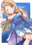  1girl absurdres bare_shoulders blonde_hair blue_dress blush breasts dress grey_eyes hair_ornament highres long_hair looking_at_viewer lying one_eye_closed pokemon pokemon_masters_ex rono_(lethys) serena_(pokemon) sleeveless sleeveless_dress smile solo 
