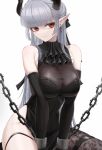  1girl arknights ascot black_ascot black_dress breasts chain chained_sarkaz_girl cuffs demon_girl demon_horns dress earrings grey_hair highres horns jewelry large_breasts long_hair looking_at_viewer mildt pointy_ears red_eyes simple_background sleeveless sleeveless_dress solo thigh_strap white_background 