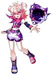  1girl bandana crop_top elsword full_body hair_ornament hairpin half_updo highres laby_(elsword) looking_at_viewer mirror open_mouth pink_hair rough_child_(elsword) sharp_teeth shirt short_hair short_twintails shorts sleeveless sleeveless_shirt solo teeth transparent_background twintails 