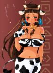  1girl animal_ears animal_print antenna_hair bare_shoulders bell black_ribbon blunt_bangs breasts brown_eyes brown_hair cleavage collarbone cow_ears cow_horns cow_print cow_tail cowbell dark-skinned_female dark_skin facial_mark gradient_background hand_on_own_chest hand_up horns koshikawa_guu kusina large_breasts mabinogi navel print_skirt print_tube_top ribbon skirt solo standing strapless tail translation_request tube_top yellow_horns 