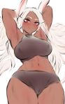  1girl animal_ears armpits arms_behind_head arms_up black_panties black_sports_bra blush boku_no_hero_academia breasts cameltoe covered_nipples dark-skinned_female dark_skin highres large_breasts long_eyelashes long_hair looking_at_viewer mirko navel panties parted_bangs rabbit_ears rabbit_girl red_eyes shpo smile solo sports_bra thighs toned turtleneck underwear very_long_hair white_hair 