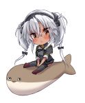  1girl absurdres animal blush fish full_body glasses grey_hair grey_skirt highres jewelry kantai_collection long_hair mashiro_yukiya musashi_(kancolle) musashi_kai_ni_(kancolle) open_mouth red_eyes ring rudder_footwear sacabambaspis simple_background skirt sleeves_past_elbows solo two_side_up wedding_ring white_background 