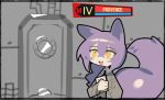  1girl :3 :d animal_ears arknights character_name chibi clipboard ghost_(tama) grey_shirt holding holding_clipboard indoors lobotomy_corporation long_hair long_sleeves open_mouth project_moon provence_(arknights) purple_hair shirt smile solo wolf_ears wolf_girl yellow_eyes 