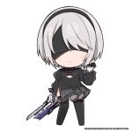  1girl 2b_(nier:automata) black_blindfold black_dress black_gloves black_hairband black_thighhighs blindfold breasts chibi cleavage cleavage_cutout closed_mouth clothing_cutout commentary covered_eyes dress english_commentary full_body gloves goddess_of_victory:_nikke gun hairband highres holding holding_gun holding_weapon juliet_sleeves light_frown long_sleeves mole mole_under_mouth nier:automata nier_(series) official_art puffy_sleeves solo standing thighhighs thighs totatokeke weapon 