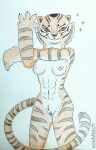 2023 anthro breasts claws dreamworks felid female fur genitals kung_fu_panda mammal master_tigress medium_breasts multicolored_body muscular nude orange_body orange_fur pantherine pose pussy red_eyes signature simple_background smile solo stretching striped_body stripes tail tiger traditional_media_(artwork) two_tone_body xoxmatch_(artist) 