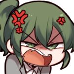  1girl anger_vein angry coat fangs green_eyes green_hair igarashi_futaba_(shiromanta) lowres medium_hair office_lady overcoat panqlao senpai_ga_uzai_kouhai_no_hanashi shouting solo suit 