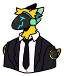  anthro blue_eyes clothing cute_expression fur machine male protogen robot solo suit unknown_artist yellow_body yellow_fur 