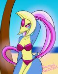  anthro beach bikini clothing cresselia female generation_4_pokemon island legendary_pokemon nintendo palm_tree plant pokemon pokemon_(species) samuel-neocros sand sea seaside solo swimwear tree water 