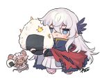  2girls animal_ears azu_(kirara310) black_cloak blue_eyes bright_pupils cape chibi cloak crossed_bangs daikokuten_(fate) dark-skinned_female dark_skin fate/grand_order fate_(series) feather_hair_ornament feathers fingerless_gloves food food_on_face gloves grey_hair hair_ornament high_collar learning_with_manga!_fgo long_hair maid_headdress mouse_ears mouse_girl mouse_tail multiple_girls onigiri oversized_food oversized_object pink_hair red_cape red_cloak rice rice_on_face saika_magoichi_(fate) sidelocks simple_background tail white_hair white_pupils 