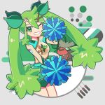  1girl bow breasts bright_pupils brown_fur cheerleader commentary_request dress eyelashes fangs gorilla grass_miku_(project_voltage) green_bow green_eyes green_hair grey_background hair_bow hair_ornament hatsune_miku long_hair multicolored_clothes multicolored_dress multiple_hair_bows multiple_hairpins musical_note musical_note_hair_ornament one_eye_closed open_mouth orange_eyes pokemon pokemon_(creature) pom_pom_(cheerleading) print_dress project_voltage rillaboom saihate_(d3) signature smile teeth twintails very_long_hair vocaloid x_hair_ornament 