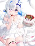  1girl absurdres amane_kanata angel_wings benchen06 blue_eyes blue_hair blue_nails blush cake closed_mouth colored_inner_hair dress feathers food fruit hair_over_one_eye halo happy_birthday highres holding holding_food holding_fruit hololive looking_at_viewer multicolored_hair no_shoes off_shoulder pink_ribbon purple_eyes ribbon single_thighhigh sitting smile solo star_halo strawberry thigh_strap thighhighs virtual_youtuber wariza white_dress white_hair white_thighhighs wings 
