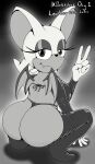  anthro bat black_and_white butt clothing crouching female foxkai gesture gloves handwear hi_res inktober inktober_2023 kinktober latex latex_clothing latex_gloves latex_thigh_highs looking_at_viewer looking_back mammal membrane_(anatomy) membranous_wings monochrome rear_view rouge_the_bat sega solo sonic_the_hedgehog_(series) v_sign wings 