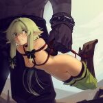  1girl absurdres angry bdsm bondage boots bound bow breasts brown_bow brown_footwear cad_(caddo) carrying carrying_person collarbone commission elf full_body goblin_slayer! green_eyes green_hair hair_between_eyes hair_bow hair_intakes high_elf_archer_(goblin_slayer!) high_heels highres knee_boots long_hair nipples nude pointy_ears pussy restrained second-party_source shibari sidelocks small_breasts solo_focus thighhighs 