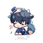  1boy animal_ears black_hair blue_lock blue_shirt blush chibi chinese_commentary closed_eyes commentary_request dog_boy dog_ears dog_tail headpat isagi_yoichi kemonomimi_mode male_focus open_mouth shirt short_hair simple_background smile soccer_uniform sportswear tail tong_jun upper_body white_background 