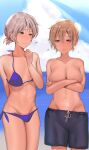  !? 1boy 1girl arms_under_breasts bikini blue_bikini blue_sky breasts bulge cleavage closed_mouth cloud crossed_arms genderswap genderswap_(ftm) genderswap_(mtf) grey_hair highres large_breasts male_swimwear navel nipples ocean original pectorals shirt short_hair sky standing swim_trunks swimsuit topless transformation w_(1999_kyu) white_shirt 