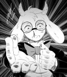  anime_style anthro black_and_white blood bodily_fluids bovid caprine clothed clothing comic deltarune eyewear fur glasses goat hi_res horn itisjoidok jujutsu_kaisen long_ears looking_at_viewer male mammal manga monochrome nosebleed ralsei solo undertale_(series) white_body white_fur 