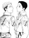  2boys collared_jacket cropped_jacket greyscale jean_kirchstein looking_at_viewer looking_to_the_side male_focus marco_bodt monochrome multiple_boys musikolis paradis_military_uniform shingeki_no_kyojin short_hair sideburns 