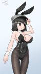  1girl absurdres akitsu_maru_(kancolle) alternate_costume animal_ears ass_visible_through_thighs black_eyes black_hair black_leotard black_pantyhose breasts dated detached_collar feet_out_of_frame gradient_background grey_background grey_eyes hat highres kantai_collection large_breasts leotard looking_to_the_side maru_(marg0613) military_hat one-hour_drawing_challenge pale_skin pantyhose peaked_cap playboy_bunny rabbit_ears rabbit_tail short_hair solo standing strap_slip strapless strapless_leotard tail twitter_username white_background wrist_cuffs 