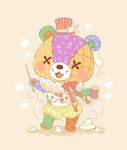  1boy :d animal_crossing artist_name bear_boy bell blush blush_stickers bow bowtie brown_background commentary english_commentary frills furry furry_male hat holding holding_needle jingle_bell male_focus mini_hat mini_top_hat neck_ruff needle open_mouth red_bow red_bowtie red_headwear samantha_whitten sewing_needle shorts signature simple_background smile solo spool standing star_(symbol) stitches stitches_(animal_crossing) string striped striped_shorts stuffing top_hat vertical-striped_shorts vertical_stripes x_x yellow_shorts 