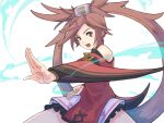  1girl :d bare_shoulders brown_eyes brown_hair china_dress chinese_clothes dress guilty_gear guilty_gear_xrd hair_ornament hanfu irc14786149 kuradoberi_jam long_hair long_sleeves looking_at_viewer open_mouth red_dress simple_background smile solo upper_body very_long_hair white_background 