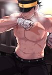  1boy abs bandaged_hand bandages bara black_hair black_pants blood blood_from_mouth golden_kamuy hat injury large_pectorals male_focus military_hat muscular muscular_male navel nipples onnomono pants pectorals scar scar_on_arm scar_on_cheek scar_on_chest scar_on_face scar_on_mouth scar_on_nose short_hair solo sugimoto_saichi topless_male 
