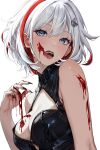  1girl bare_shoulders blood blood_on_face blood_on_hands blue_eyes breasts cleavage colored_inner_hair fangs hair_between_eyes hair_ornament halloween highres honkai:_star_rail honkai_(series) large_breasts mirei-yume multicolored_hair open_mouth red_hair short_hair simple_background solo streaked_hair topaz_(honkai:_star_rail) vampire white_hair 