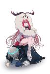  1boy 1girl antlers baobhan_sith_(fate) baobhan_sith_(swimsuit_pretender)_(fate) cape cernunnos_(fate) character_hood clenched_hand commentary crown eye: fate/grand_order fate_(series) fur_trim grey_hair high_heels highres human_chair human_furniture long_hair medium_hair oberon_(fate) oberon_(third_ascension)_(fate) red_hair sitting sitting_on_person 