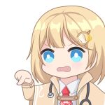  1girl blonde_hair blue_eyes bright_pupils chibi coat collared_shirt hair_ornament hololive hololive_english monocle_hair_ornament necktie open_mouth pointing red_necktie shirt short_hair short_necktie solo stethoscope upper_body virtual_youtuber watson_amelia watson_amelia_(1st_costume) white_pupils white_shirt yellow_coat zephylyne 