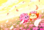  ^_^ arms_up aruco_co blue_eyes blurry blurry_foreground blush blush_stickers closed_eyes closed_mouth cloud cloudy_sky commentary falling_petals field flower flower_field flower_wreath glowing glowing_petals head_wreath kirby kirby_(series) looking_at_another no_humans outdoors petals pink_flower sky smile symbol-only_commentary waddle_dee yellow_sky 