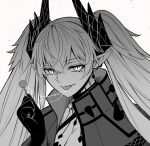  1girl breasts candy cape character_request cleavage earrings fate/grand_order fate_(series) food greyscale horns jewelry large_breasts lollipop long_hair long_sleeves looking_at_viewer monochrome pointy_ears sanmoto_gorouzaemon solo tongue tongue_out twintails 