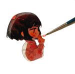  1girl black_hair blood blood_on_clothes blood_on_face brown_eyes chibi cigarette collared_shirt commentary_request fire highres library_of_ruina limbus_company long_sleeves mochigome_138 paintbrush painting_(medium) photo_(medium) project_moon ryoshu_(limbus_company) shirt short_hair smoking solo traditional_media watercolor_(medium) white_shirt 