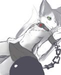  absurd_res anthro chest_tuft clothed clothing collar cuff_(restraint) dragon fur furred_dragon green_eyes grey_body grey_collar grey_fur grey_sclera hi_res kuttoyaki looking_at_viewer male mouth_closed narrowed_eyes navel restraints shackled shackles simple_background slight_smile solo topless tuft white_background white_body white_fur 