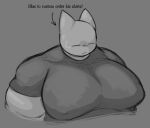  2023 anthro big_moobs clothed clothing clyde_(locitony) domestic_cat english_text eyes_closed felid feline felis grey_background greyscale locitony male mammal monochrome moobs nipple_outline overweight overweight_anthro overweight_male simple_background solo text 