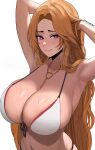  1girl absurdres arm_up armpits arms_behind_head arms_up bikini bleach blonde_hair blush breasts cleavage edmun front-tie_bikini_top front-tie_top heart heart-shaped_pupils highres huge_breasts long_hair looking_at_viewer matsumoto_rangiku mole mole_under_mouth navel orange_hair presenting_armpit solo sweat swimsuit symbol-shaped_pupils upper_body 