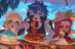  1boy 2girls au_ra bikini black_bikini black_sclera black_tank_top blonde_hair blue_eyes blue_hair blush chopsticks cocktail_glass cocktail_umbrella colored_sclera commentary_request crying cup curry curry_rice dragon_horns drinking_glass eating eyes_visible_through_hair final_fantasy final_fantasy_xiv food glasses green_eyes grey_hair hat highres holding holding_chopsticks holding_cup holding_plate holding_spoon horns lalafell multicolored_hair multiple_girls noodles open_mouth palm_tree plate red_eyes red_hair rice scales shaved_ice spicy spoon streaked_hair sun_hat sweat swimsuit takoyaki tank_top tears tree two-tone_hair warrior_of_light_(ff14) wavy_eyes zombiemiso 